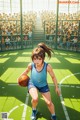 A girl holding a basketball on a basketball court.