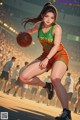 A woman in a green and orange uniform holding a basketball.