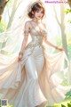 A woman in a wedding dress standing in the woods.