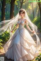 A woman in a wedding dress walking through a forest.